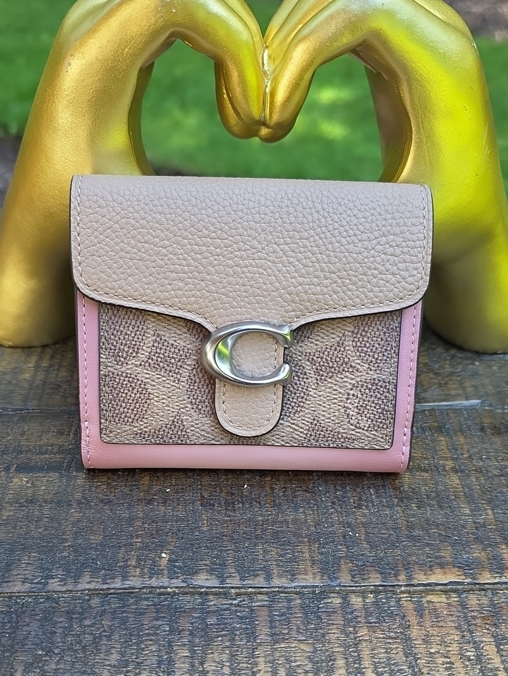 Coach Tabby Beige & Pink Signature Small Wallet with Silver C Hardware